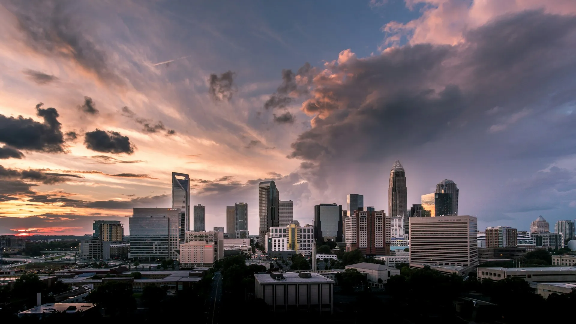 The Charlotte, North Carolina skyline at sunset